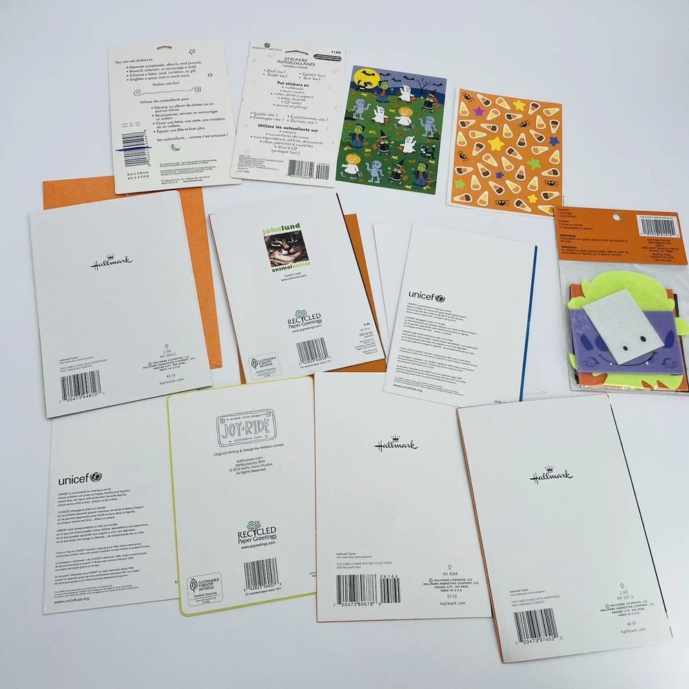 Lot of 7 Halloween Greeting Cards Ghost Cats Dogs Stickers Packs and Sheets‎